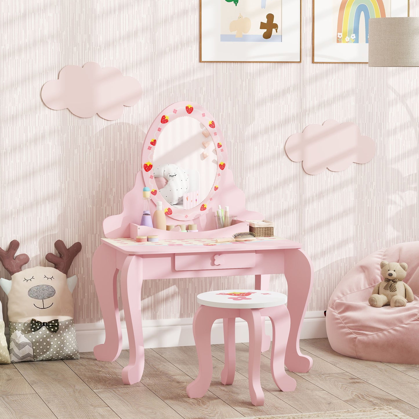 Kids Dressing Table Set, Vanity Table with Stool, Mirror, Drawer (1)