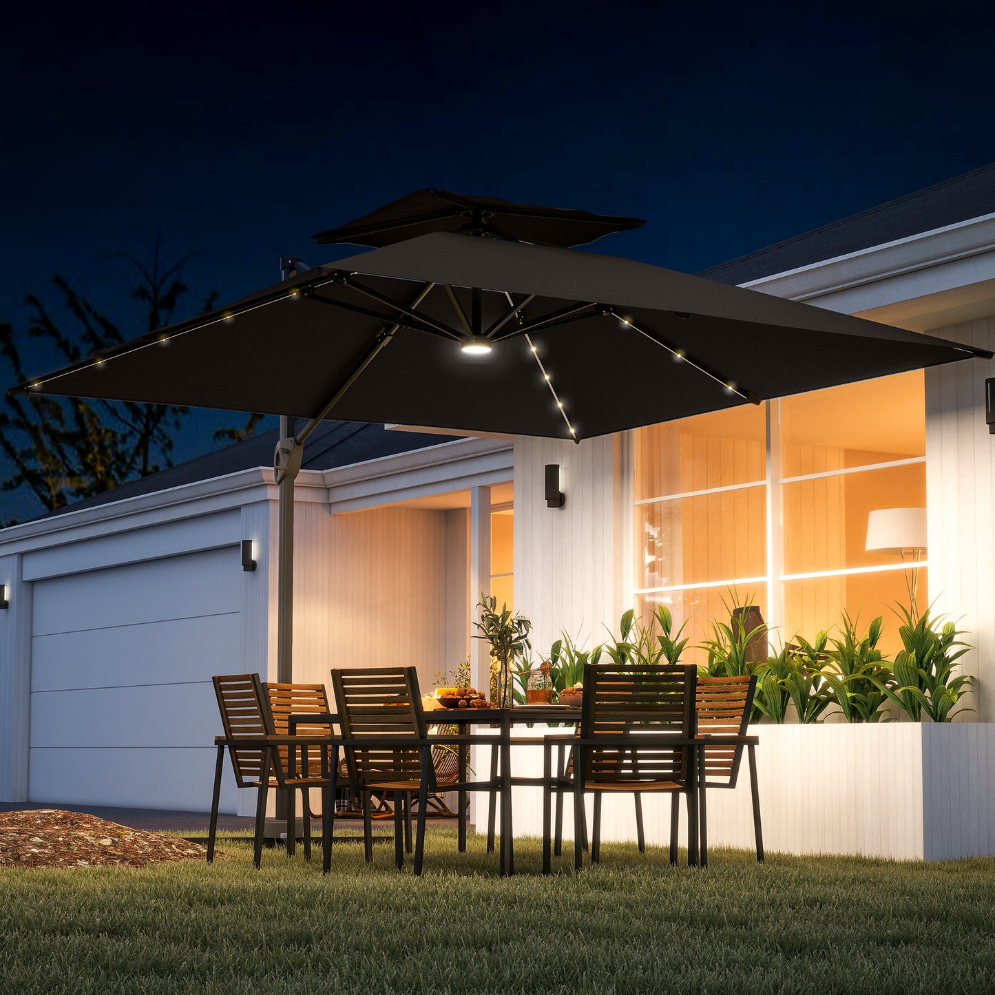 3.5x3 m Garden Cantilever Parasol with Solar LED Lights