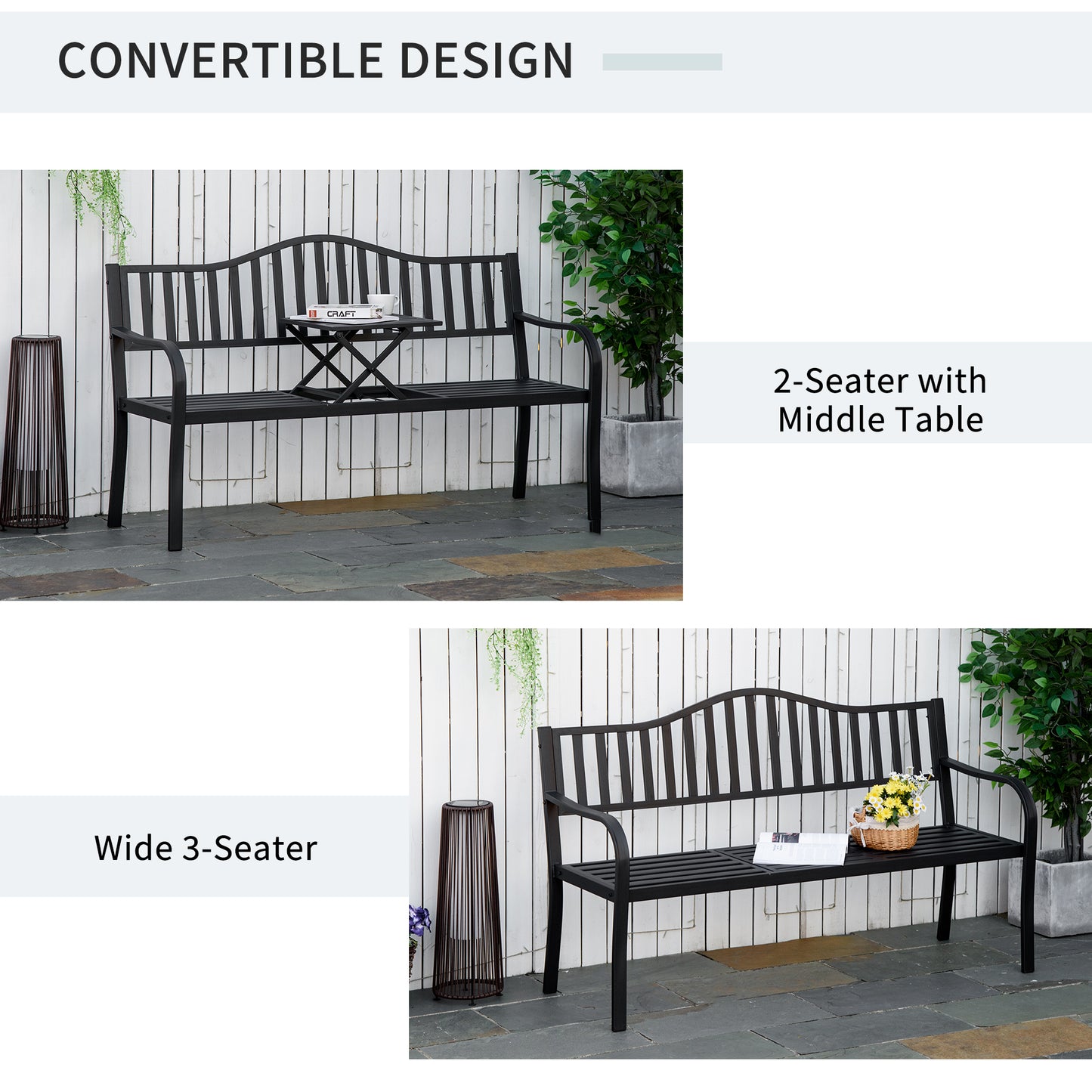 Metal Outdoor Bench with Liftable Middle Table, Patio Loveseat