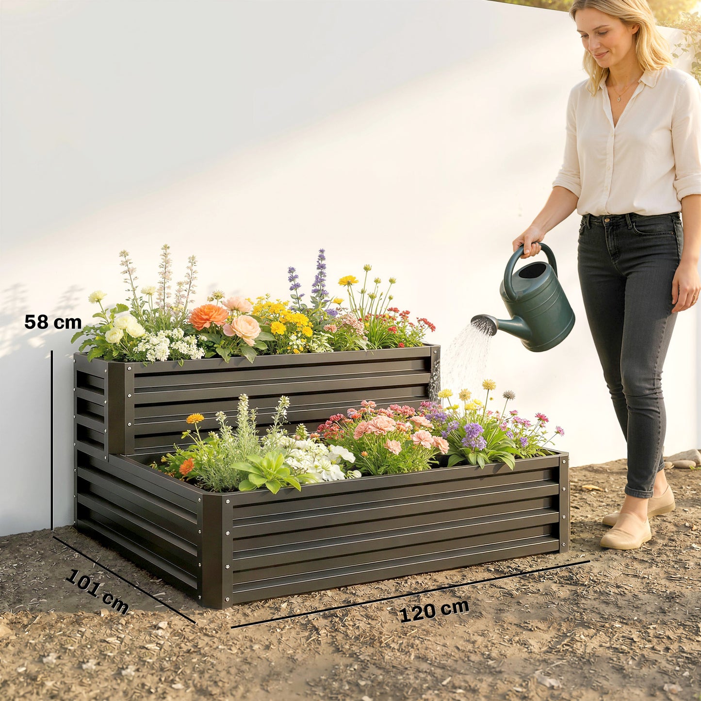 2 Tier Raised Garden Bed, Galvanised Planter Box with Open Bottom