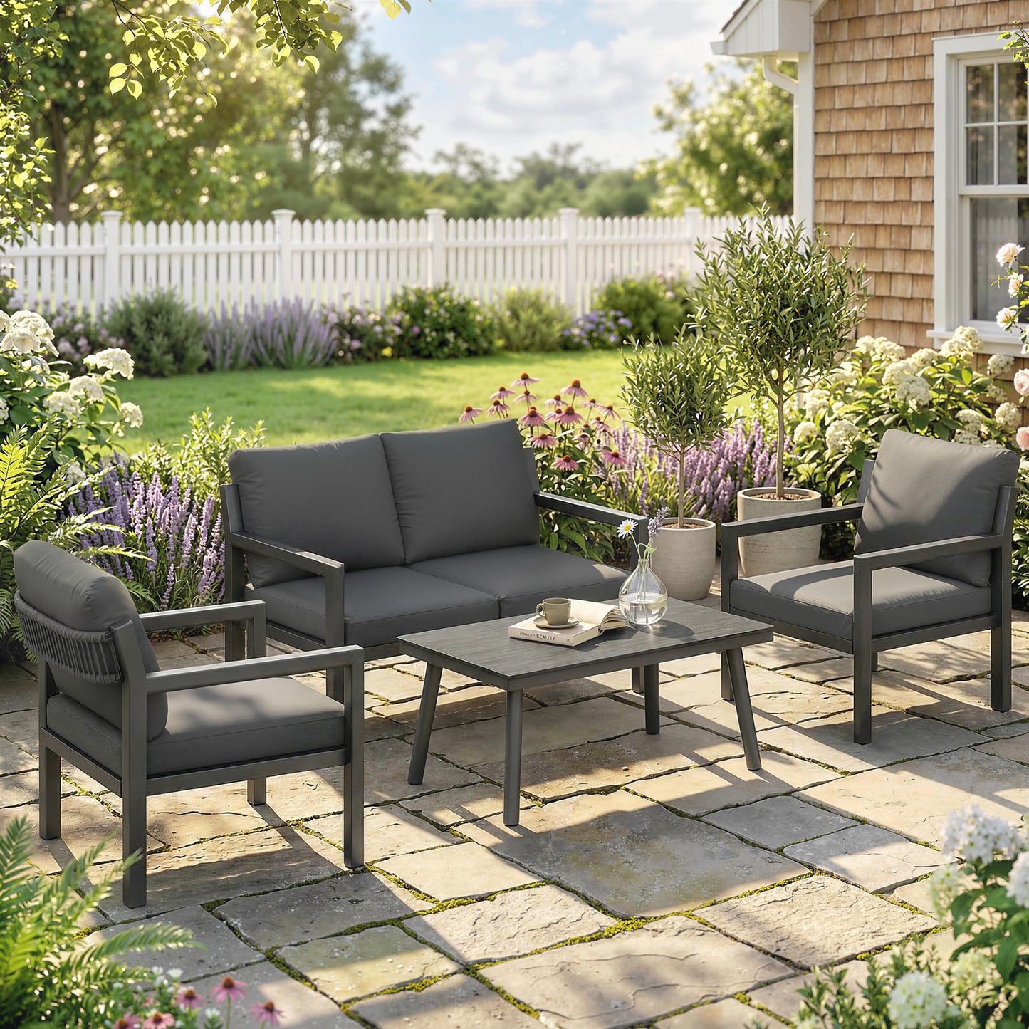 4 Seater Rattan Garden Furniture Set with 2 Armchairs, Loveseat (2)