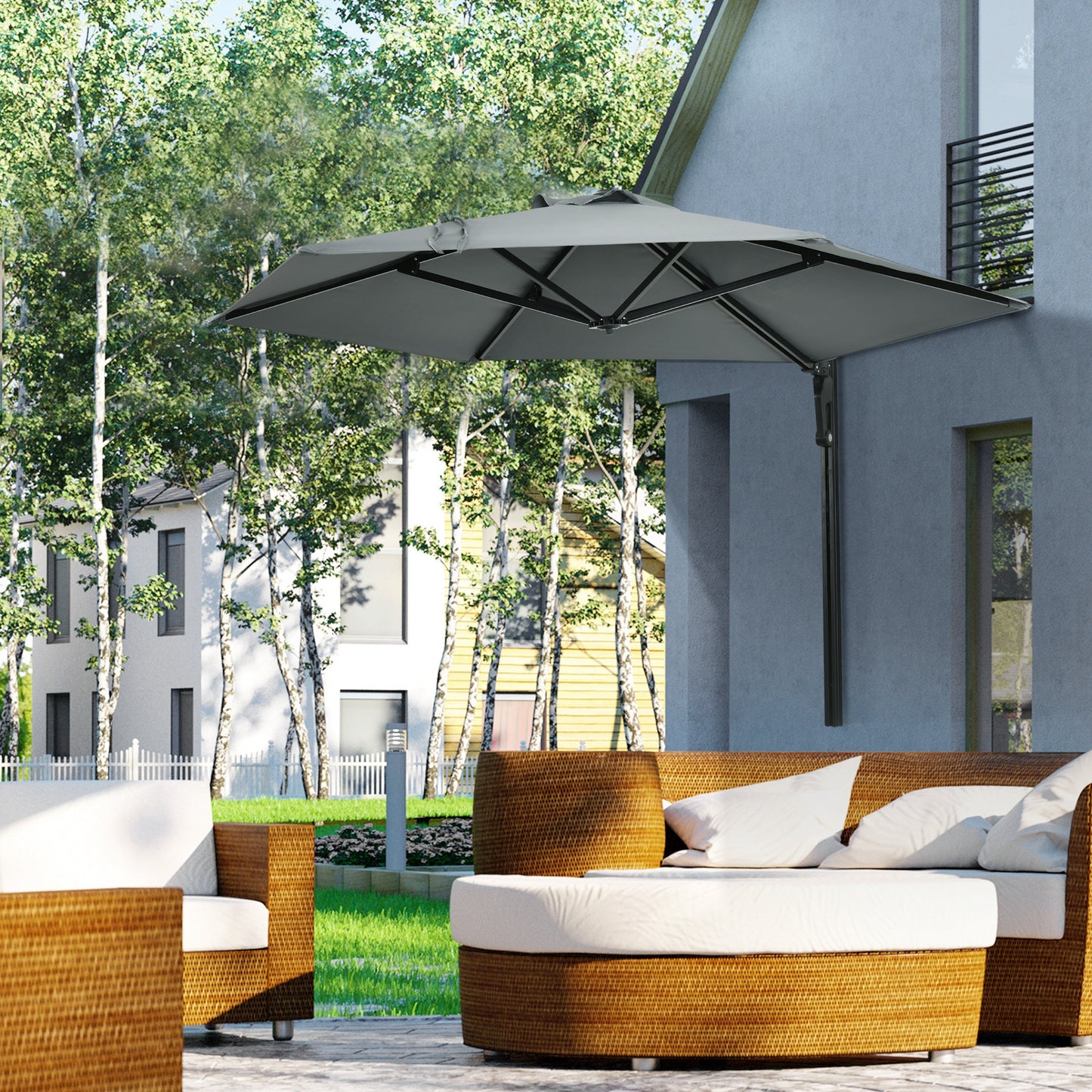 2.5m Wall Mounted Parasol, Hand to Push Outdoor Patio Umbrella