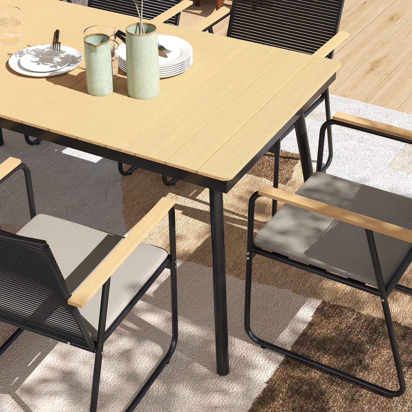 6 Seater Garden Dining Set with Soft Cushions, Rattan Backrest (1)