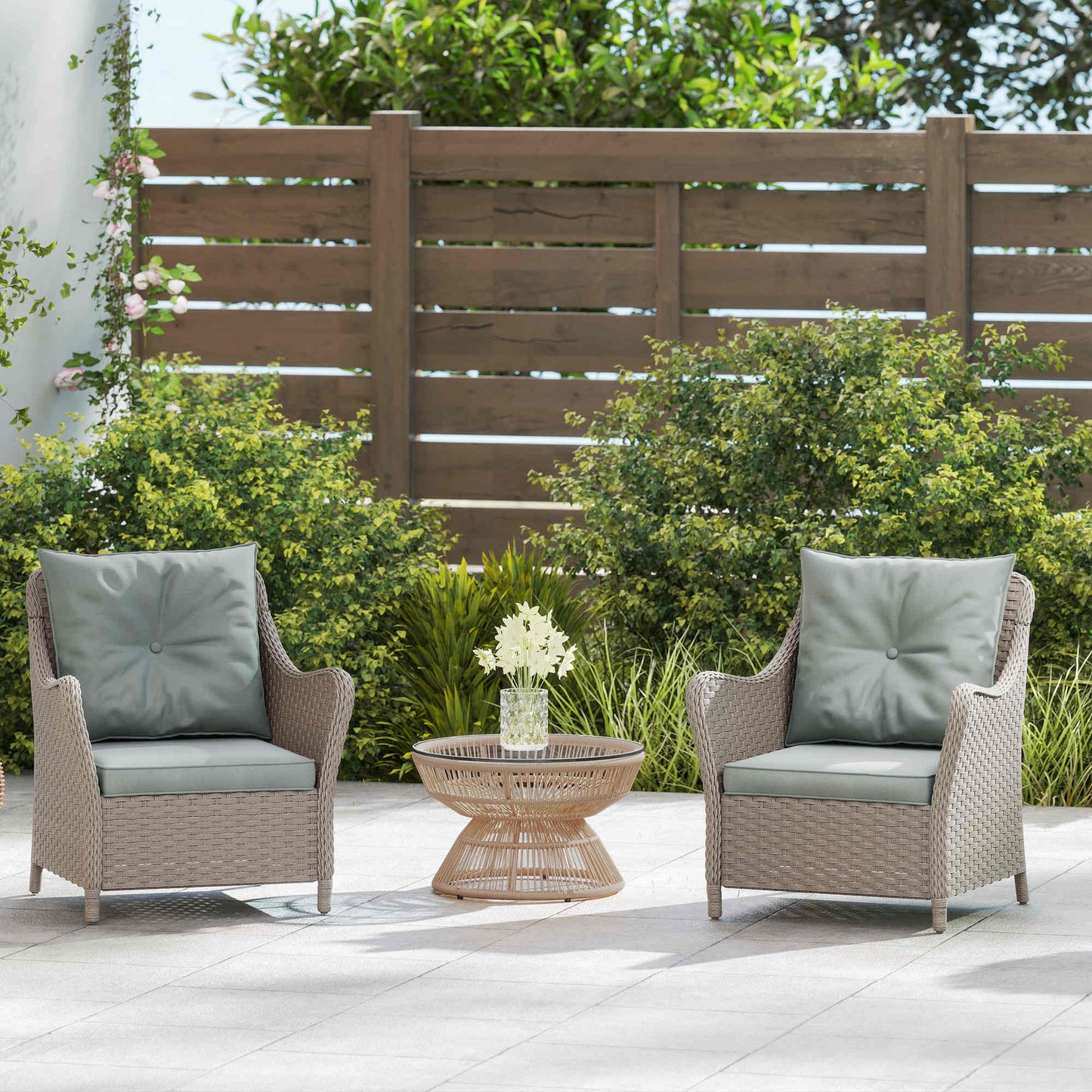 Rattan Garden Chairs Set of 2, Outdoor Rattan Chairs with Cushions