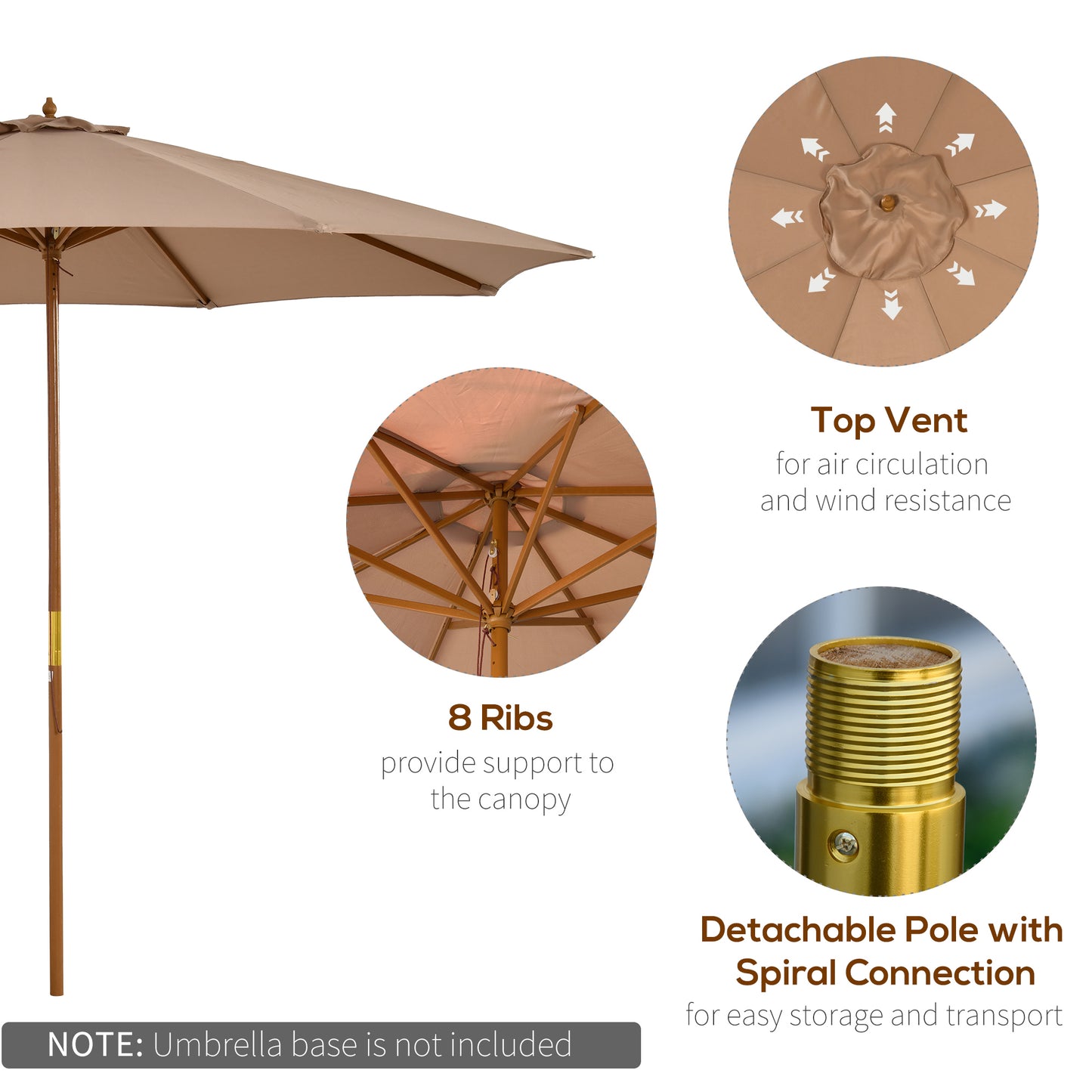 3(m) Garden Umbrella Wooden Parasol 8 Ribs Bamboo Sun Shade Patio