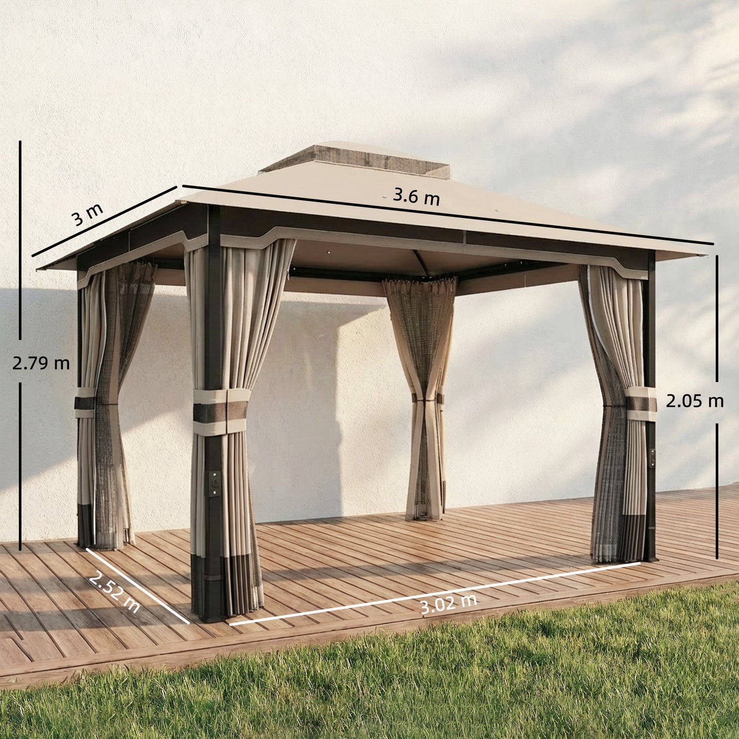 3 x 3.6 m Outdoor Garden Gazebo with Netting and Curtains