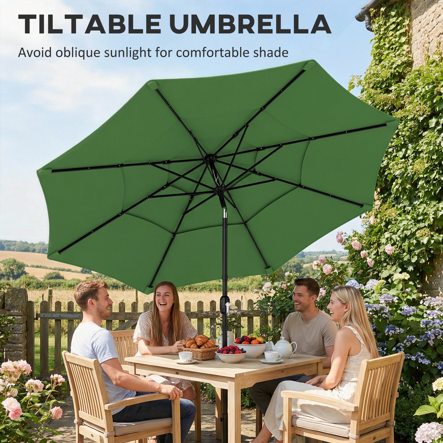 Garden Parasol, Parasol Umbrella with 3-tier Roof, Crank Handle