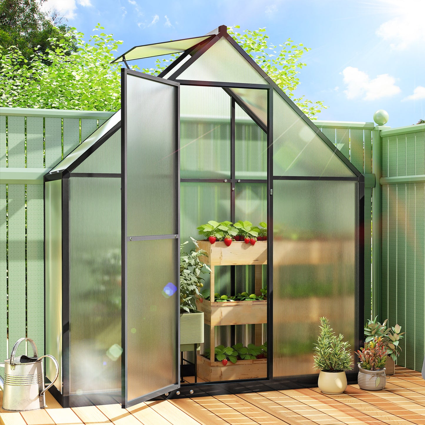 Polycarbonate Greenhouse with Swing Door and Adjustable Window (1)