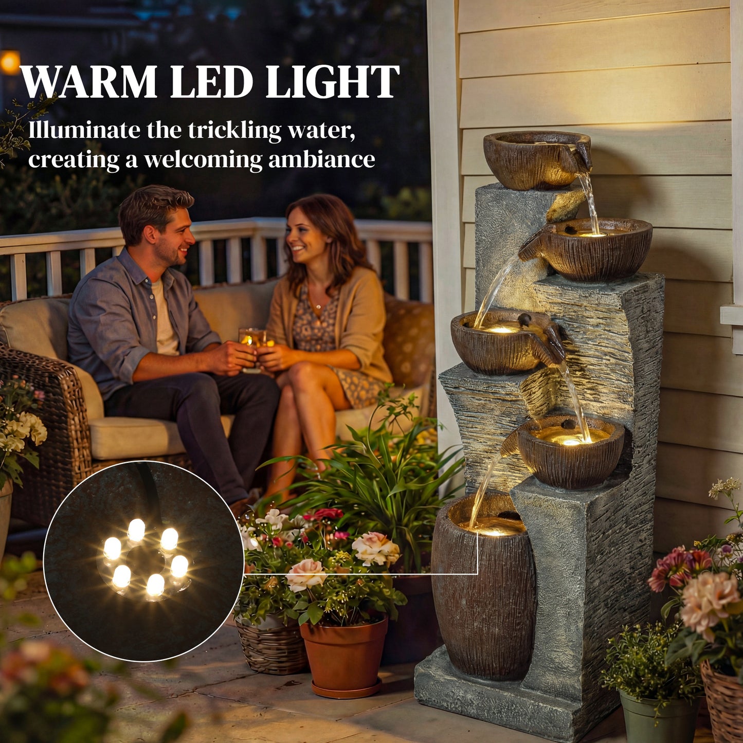 Outdoor Fountain with 5-Tier, Garden Fountain with LED Lights