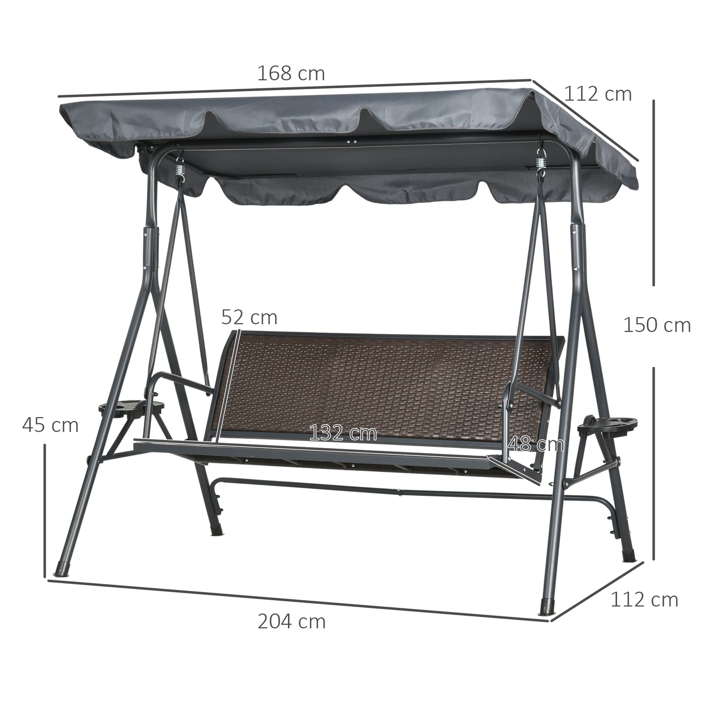 3 Seater Swing Chair, Garden Swing Seat Bench with Adjustable Canopy