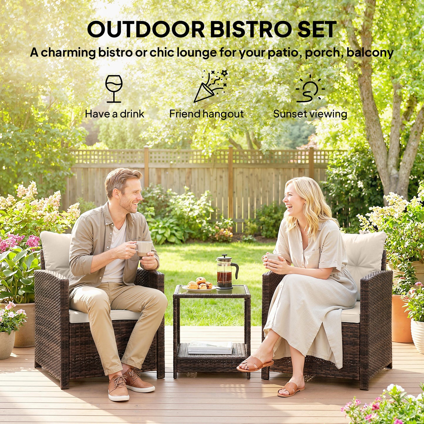 Rattan Bistro Set, 3 Piece Garden Furniture Set