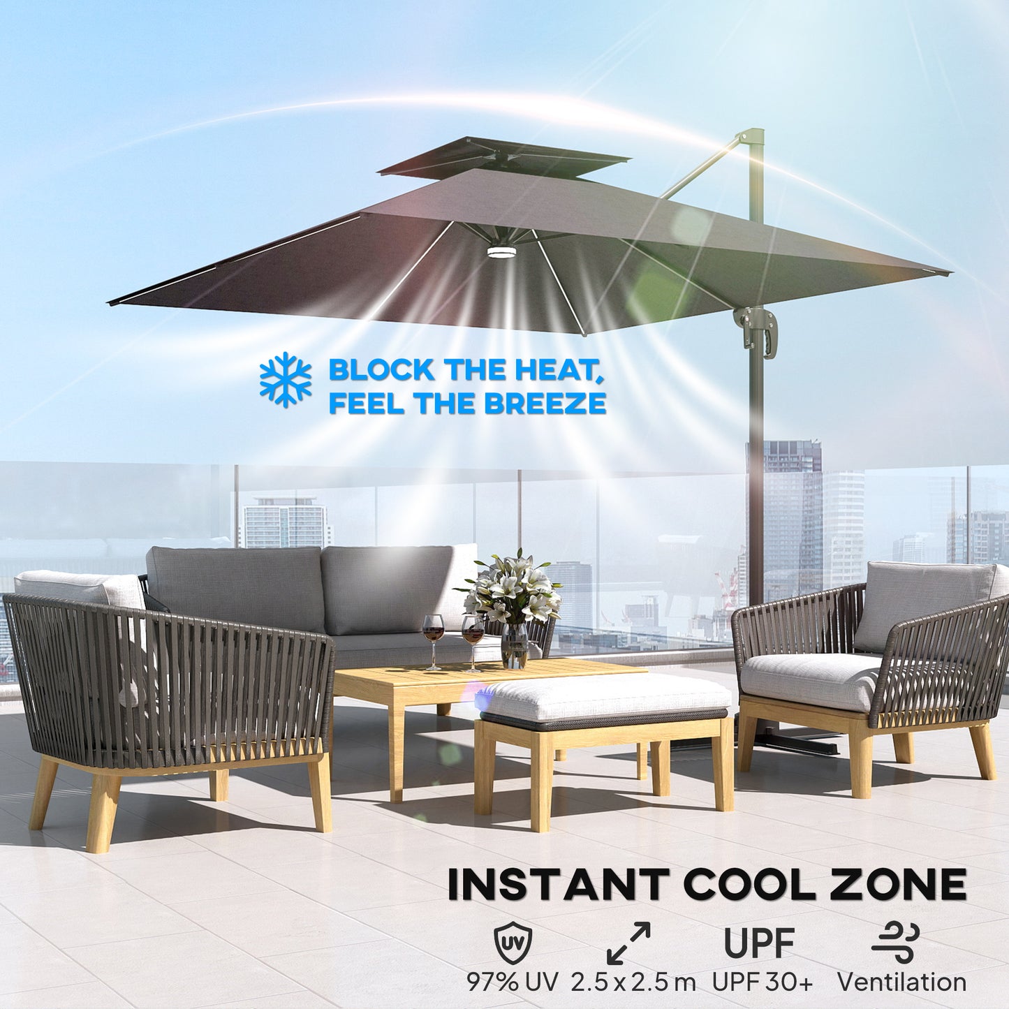 2.5m Cantilever Parasol with Solar Powered LED Lights, 360° Rotation
