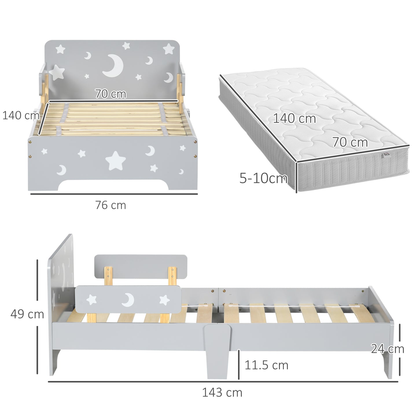 Kids Toddler Bed, with Star and Moon Patterns, Side Rails