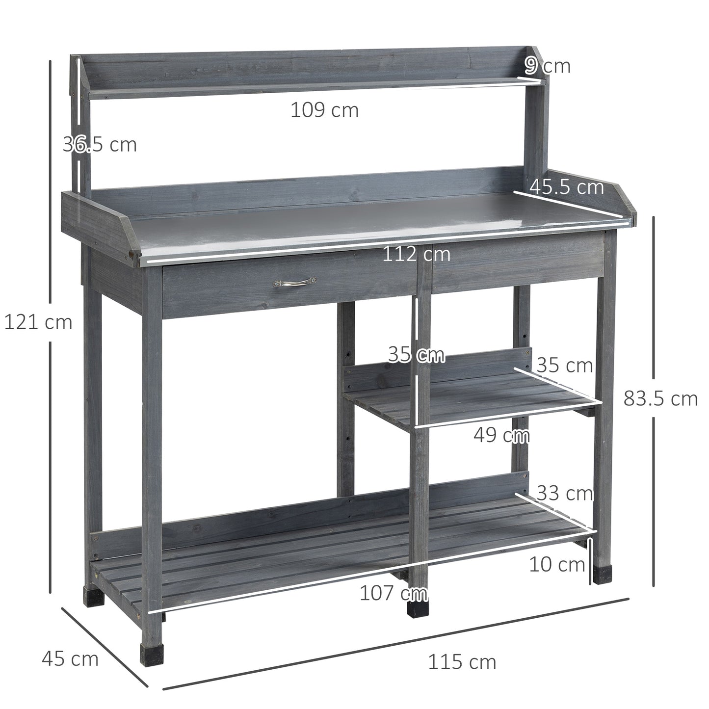 Garden Potting Table with Storage, Workbench, Metal Top