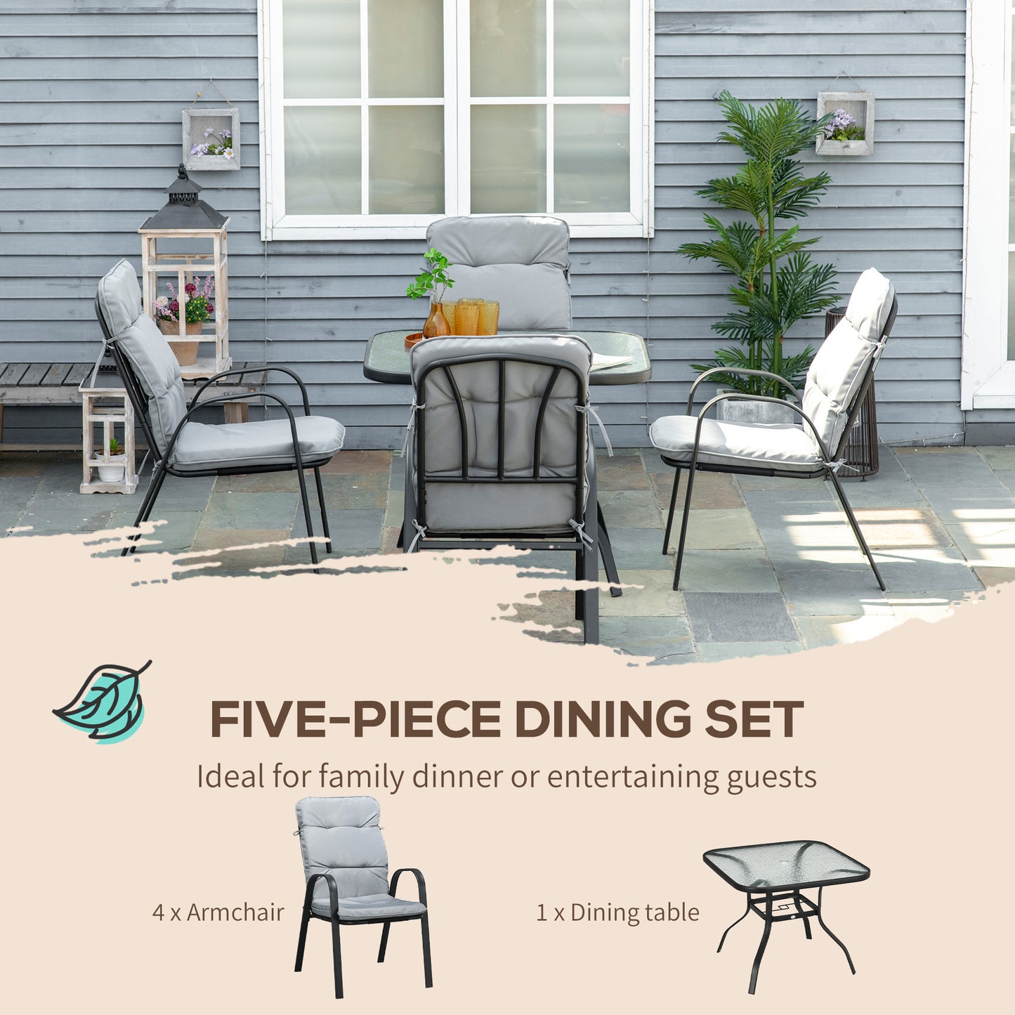 5 Pieces Outdoor Square Garden Dining Set w/ Tempered Glass Dining