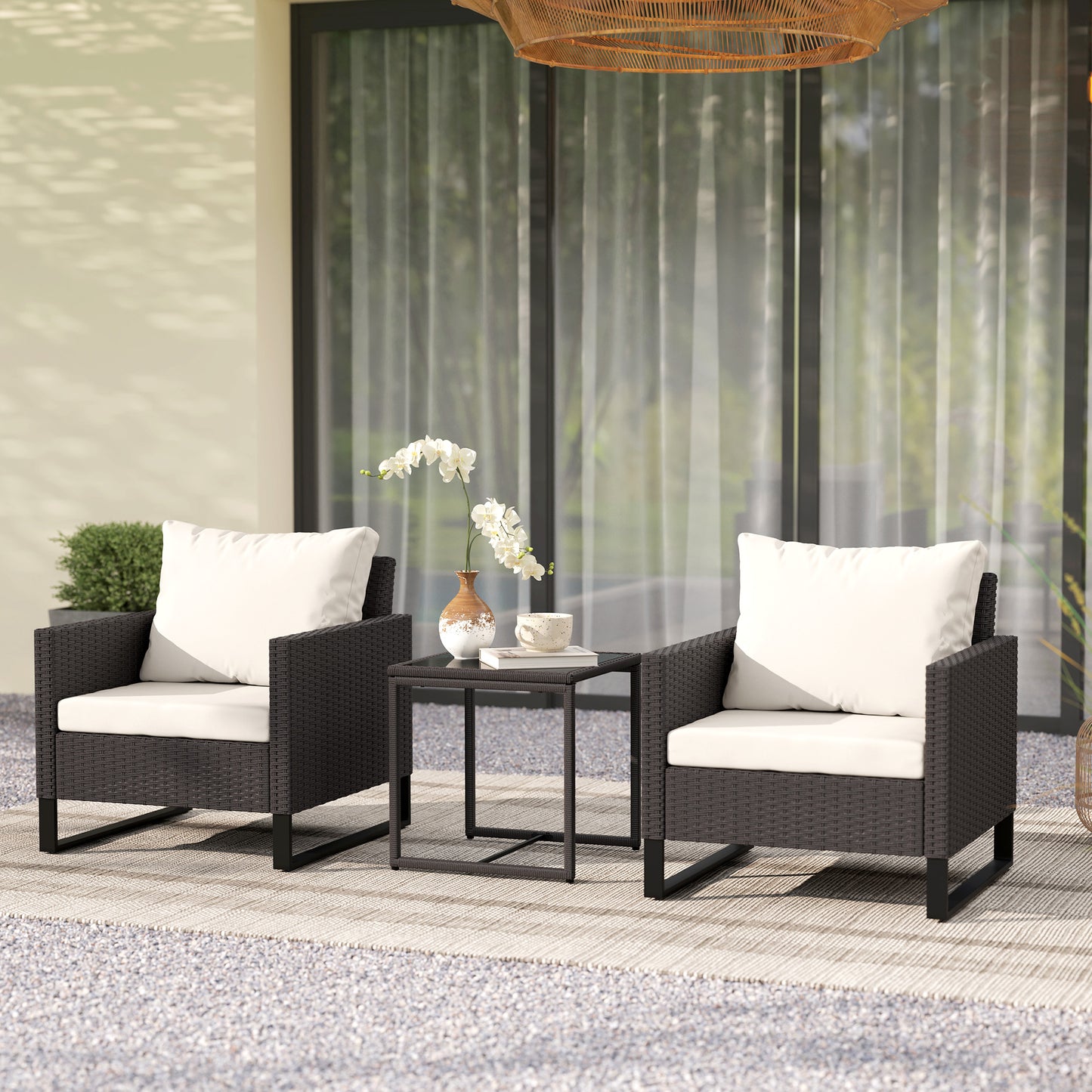 3 Pieces Rattan Bistro Set with 4 Cushions