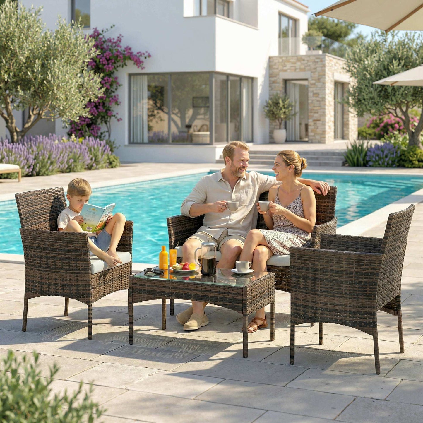 4 Piece Rattan Garden Furniture Sofa Set with Loveseat, Armchairs