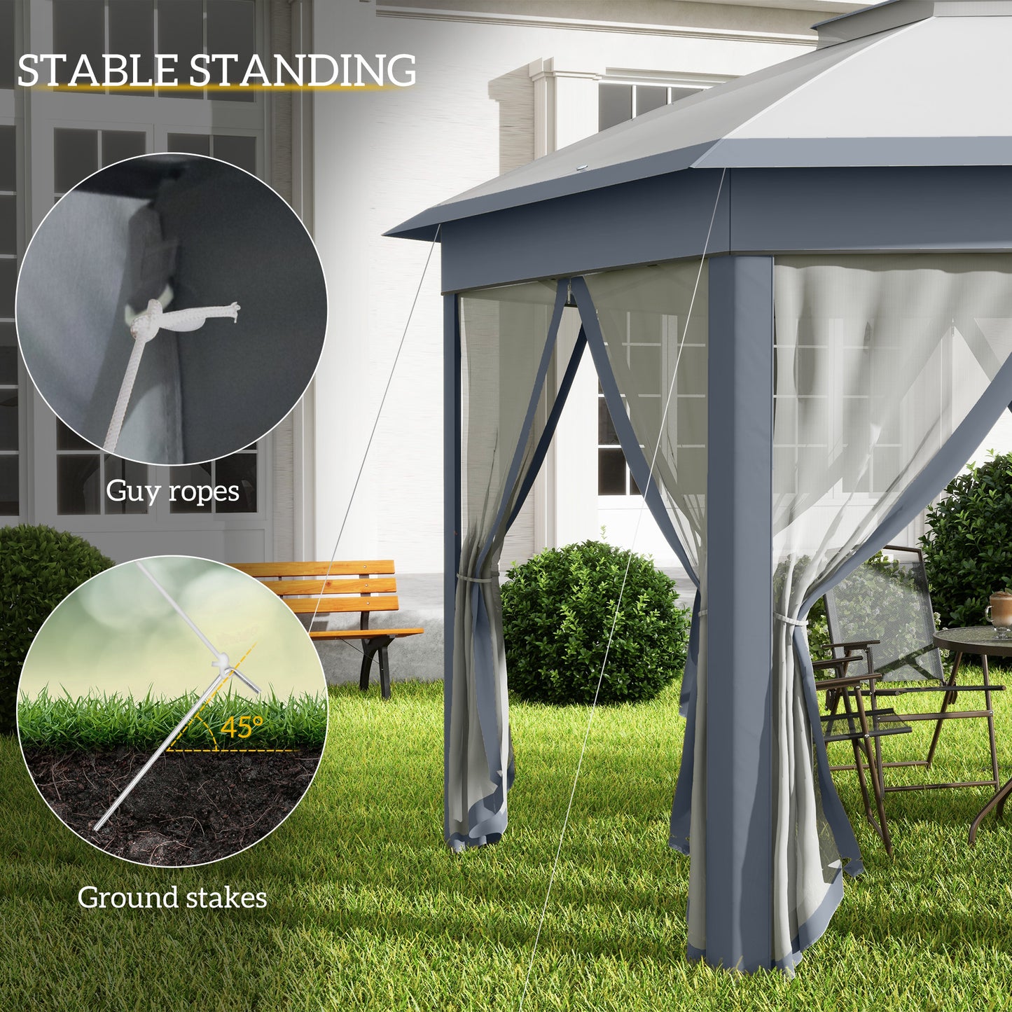 3 x 4m Metal Frame Hexagon Gazebo, with Curtains