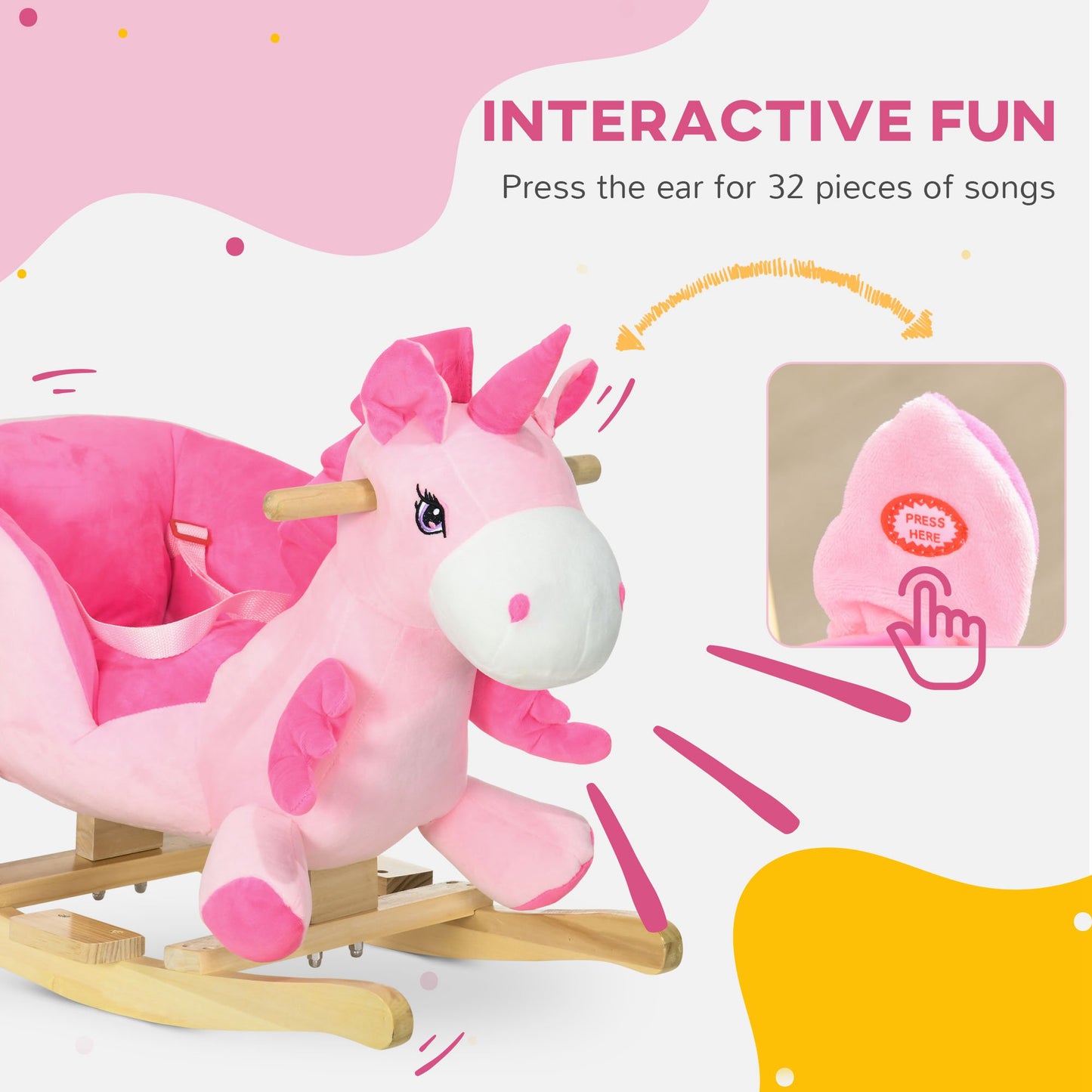 Kids Rocking Horse Ride on Unicorn with Songs, Wooden Base, Seatbelt