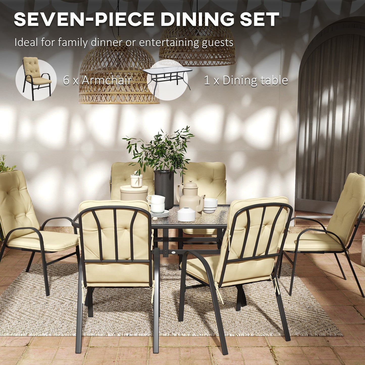 Seven-Piece Garden Dining Set with Ripple Tempered Glass Tabletop