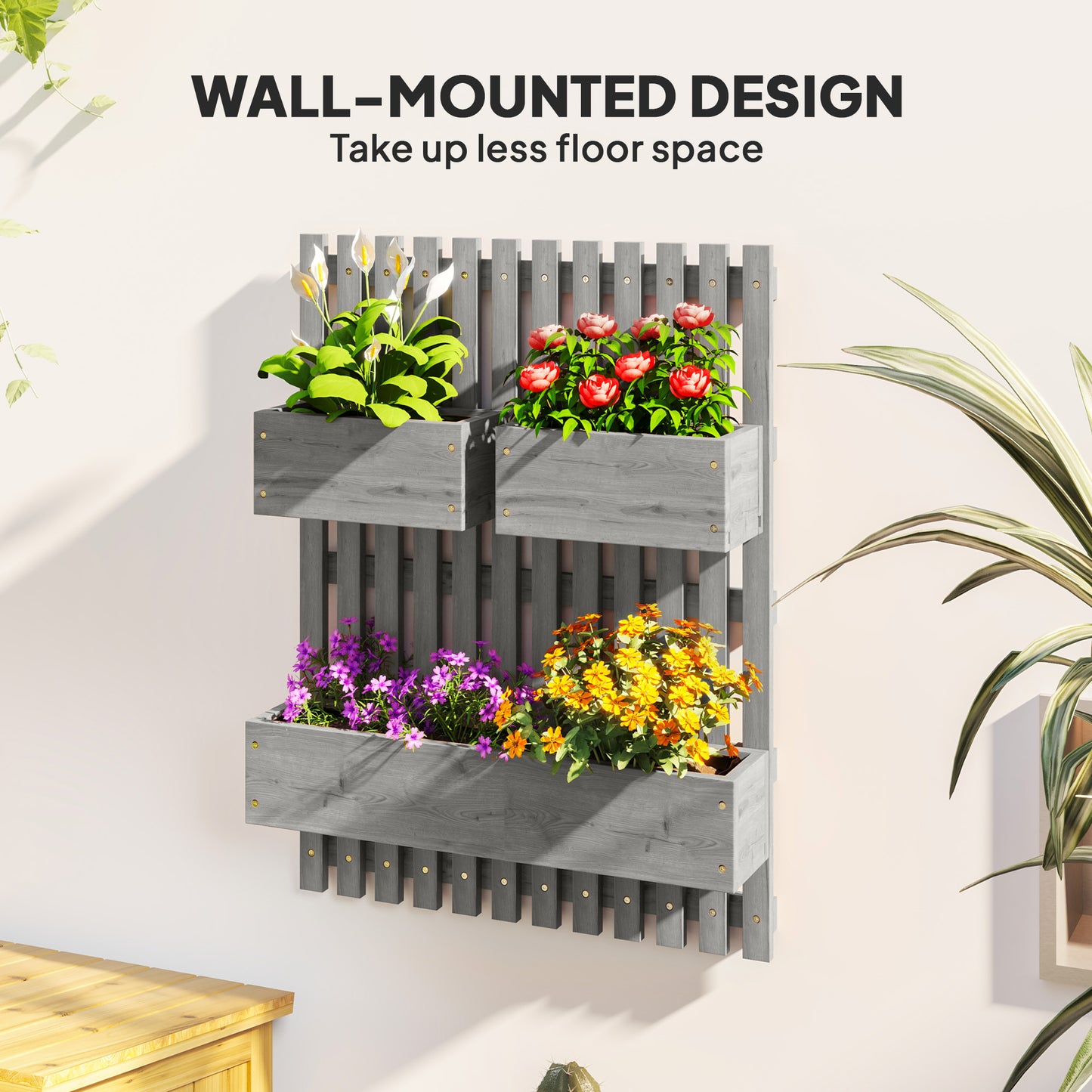Wall-mounted Wooden Garden Planters with Trellis