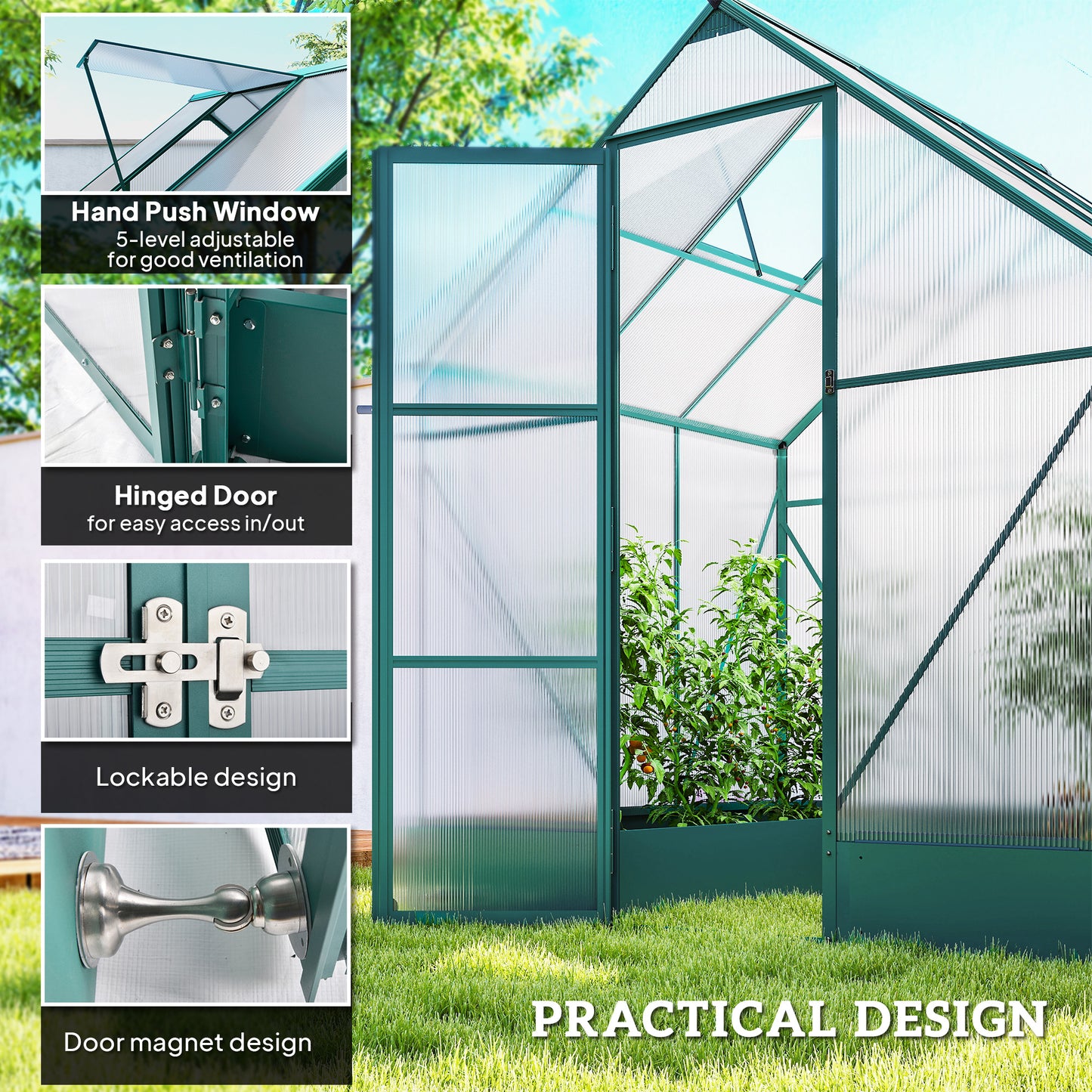 6x6 FT Polycarbonate Greenhouse with Base and Raised Bed