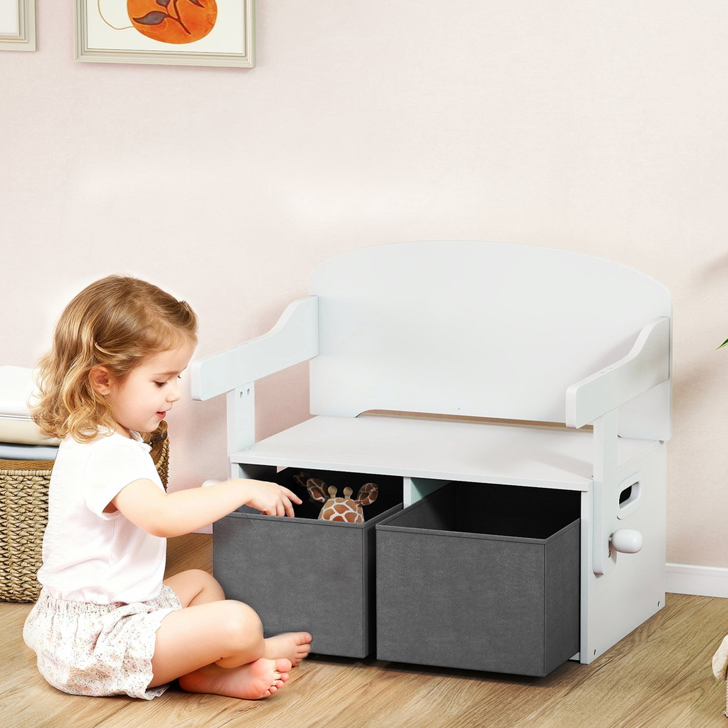 3 in 1 Kids Storage Bench, Convertible Children Table and Chair Set