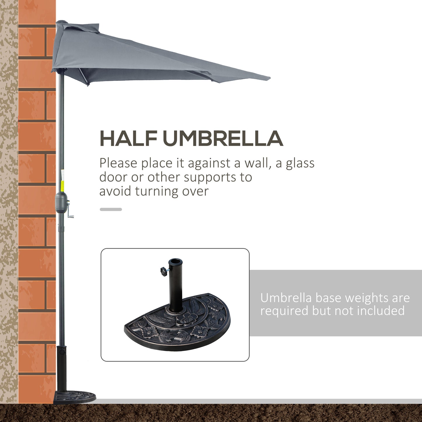 2.7m Garden Half Parasol, Outdoor Balcony Umbrella with 5 Steel Ribs
