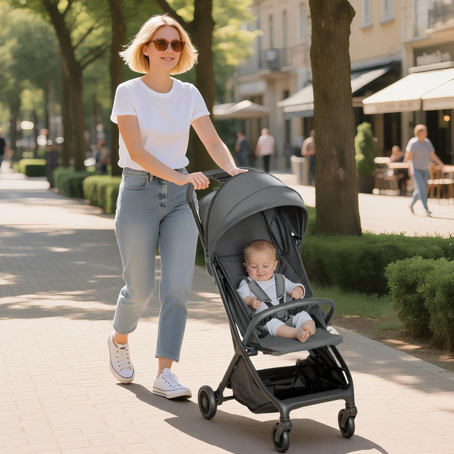 Foldable Baby Stroller with Adjustable Seat, 5-Point Harness, Canopy