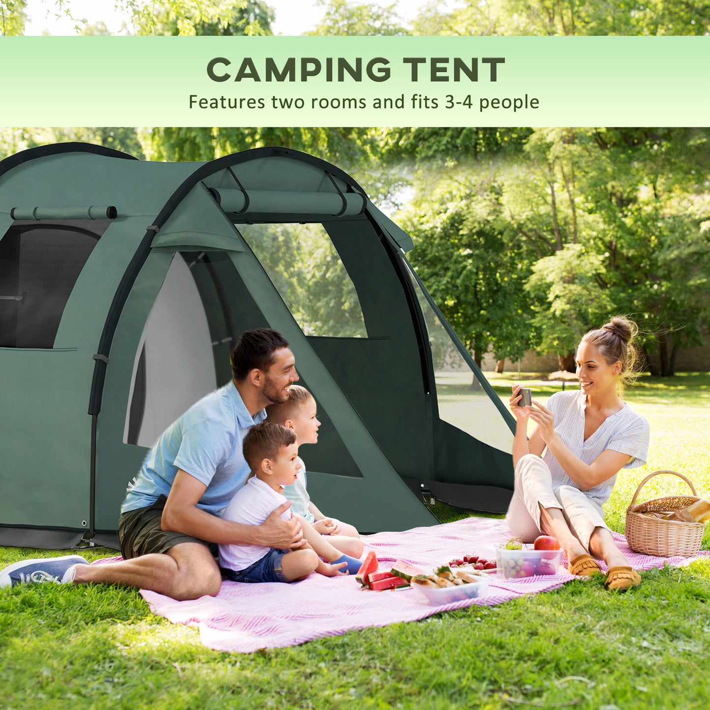 Two Room Tunnel Tent Camping Tent for  3-4 Man with Windows, Covers