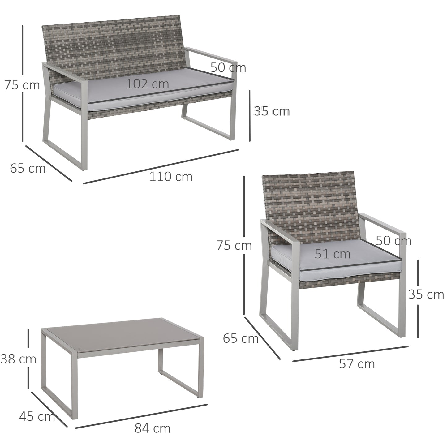 4PC Rattan Garden Furniture Set 2 Single Sofa Arm Chairs 1 Bench
