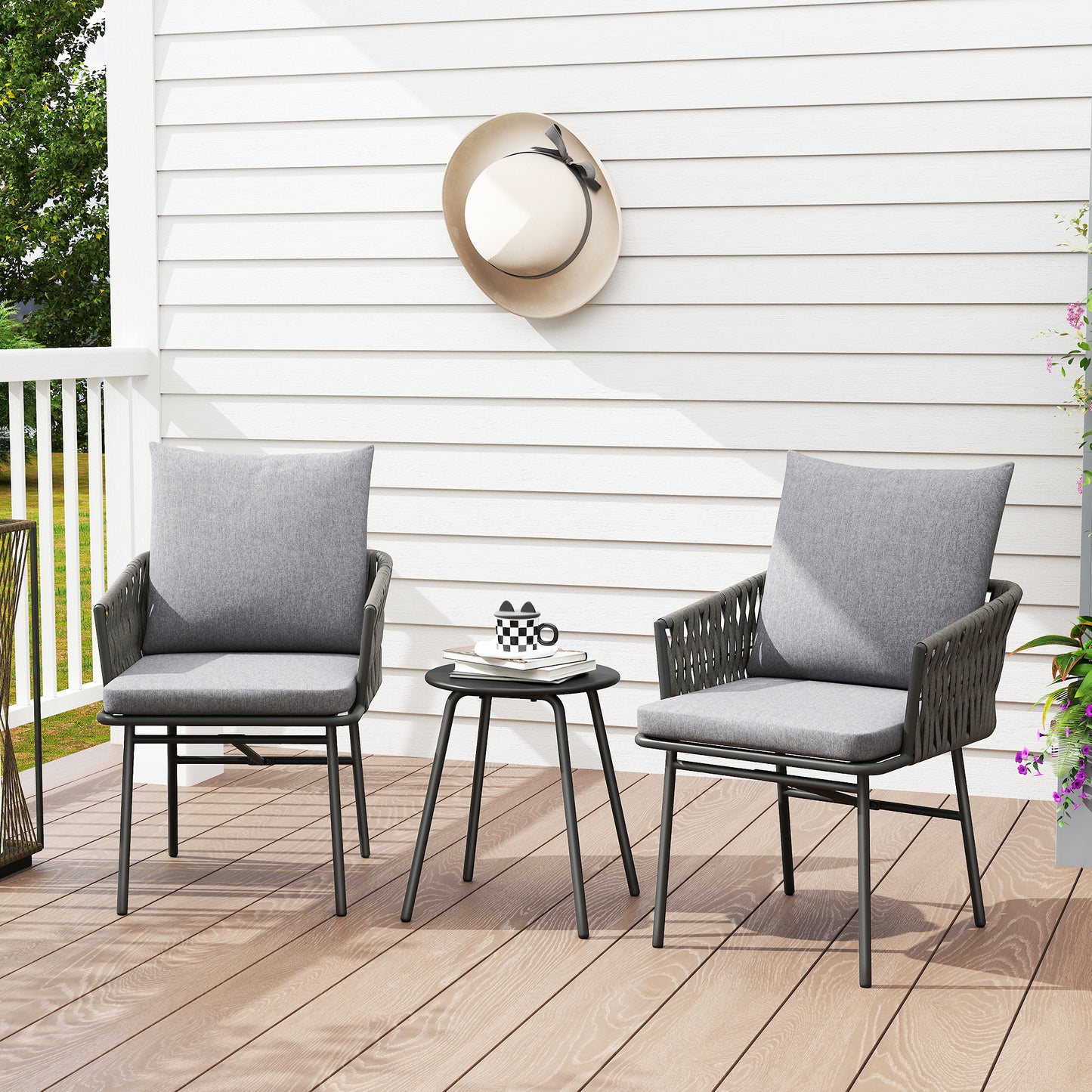 3-Piece Rattan Bistro Set, Garden Table and Chairs with 4 Cushions