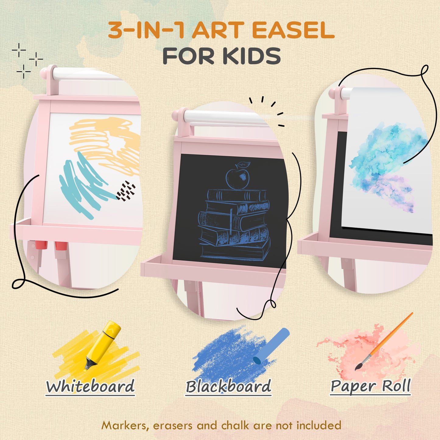 3 in 1 Kids Easel Double-Sided Magnetic Whiteboard and Chalkboard