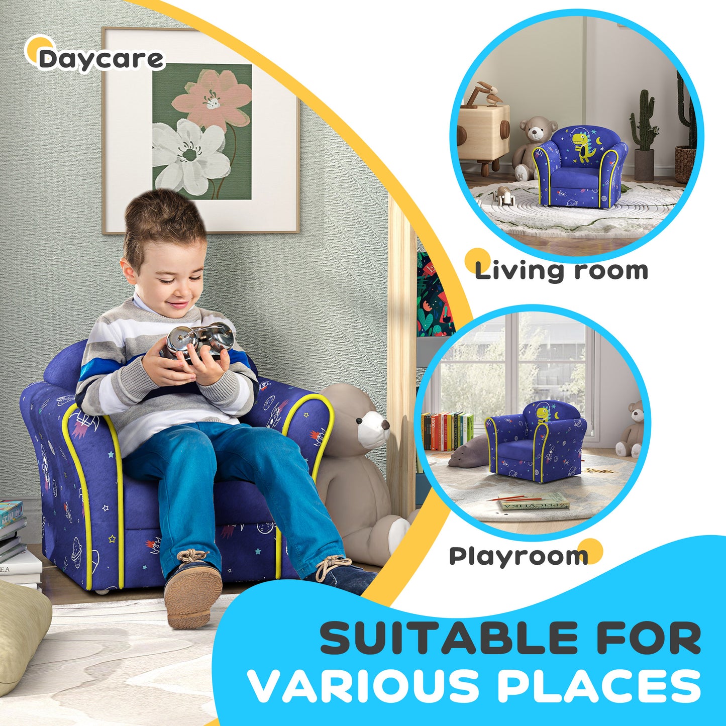 Kids Armchair with Planet Dinosaurs Design, Wooden Frame