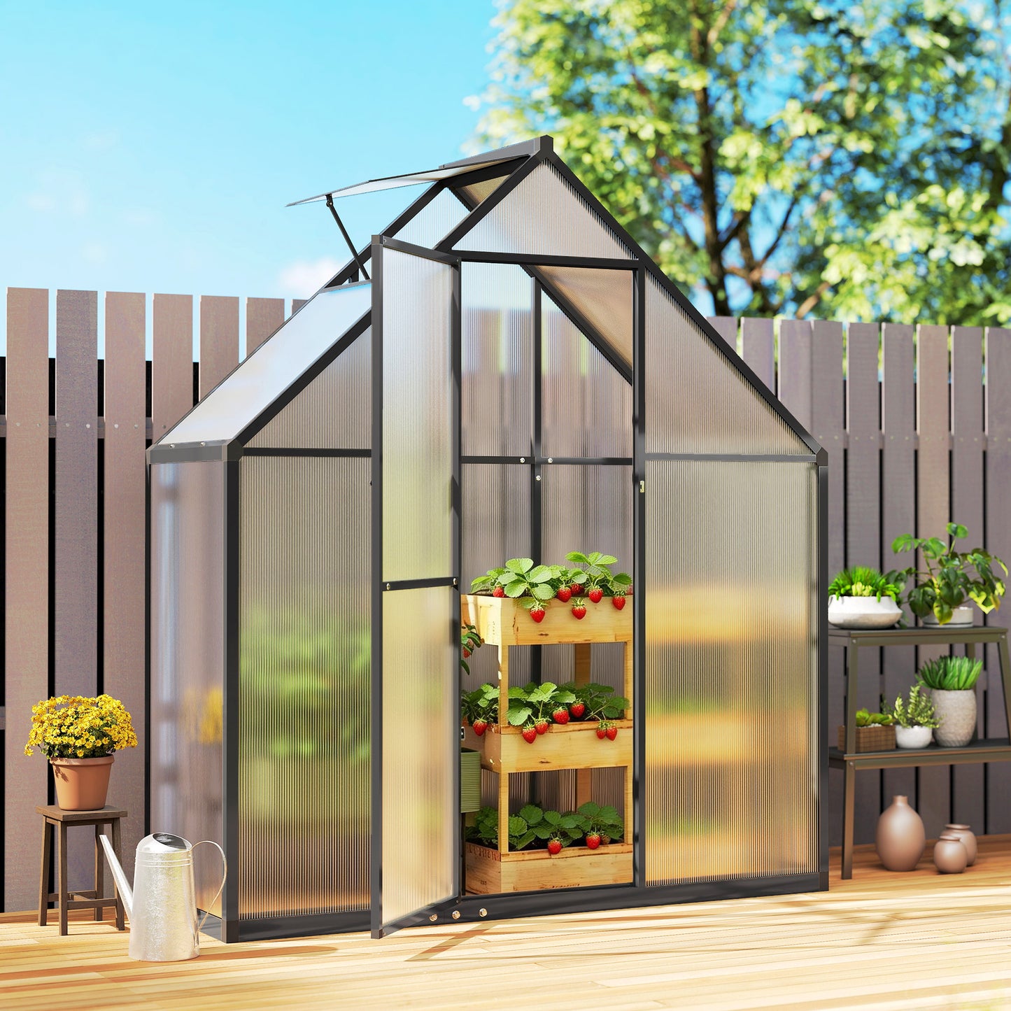 Polycarbonate Greenhouse with Swing Door and Adjustable Window (1)