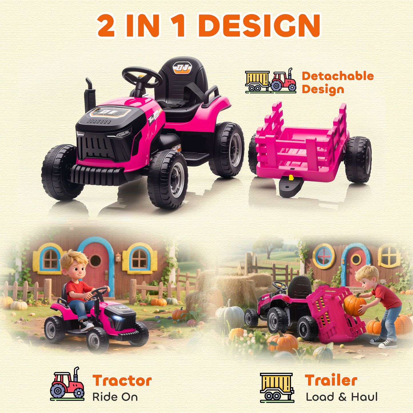12V Ride on Tractor and Trailer with Remote Control, Music, Shifter
