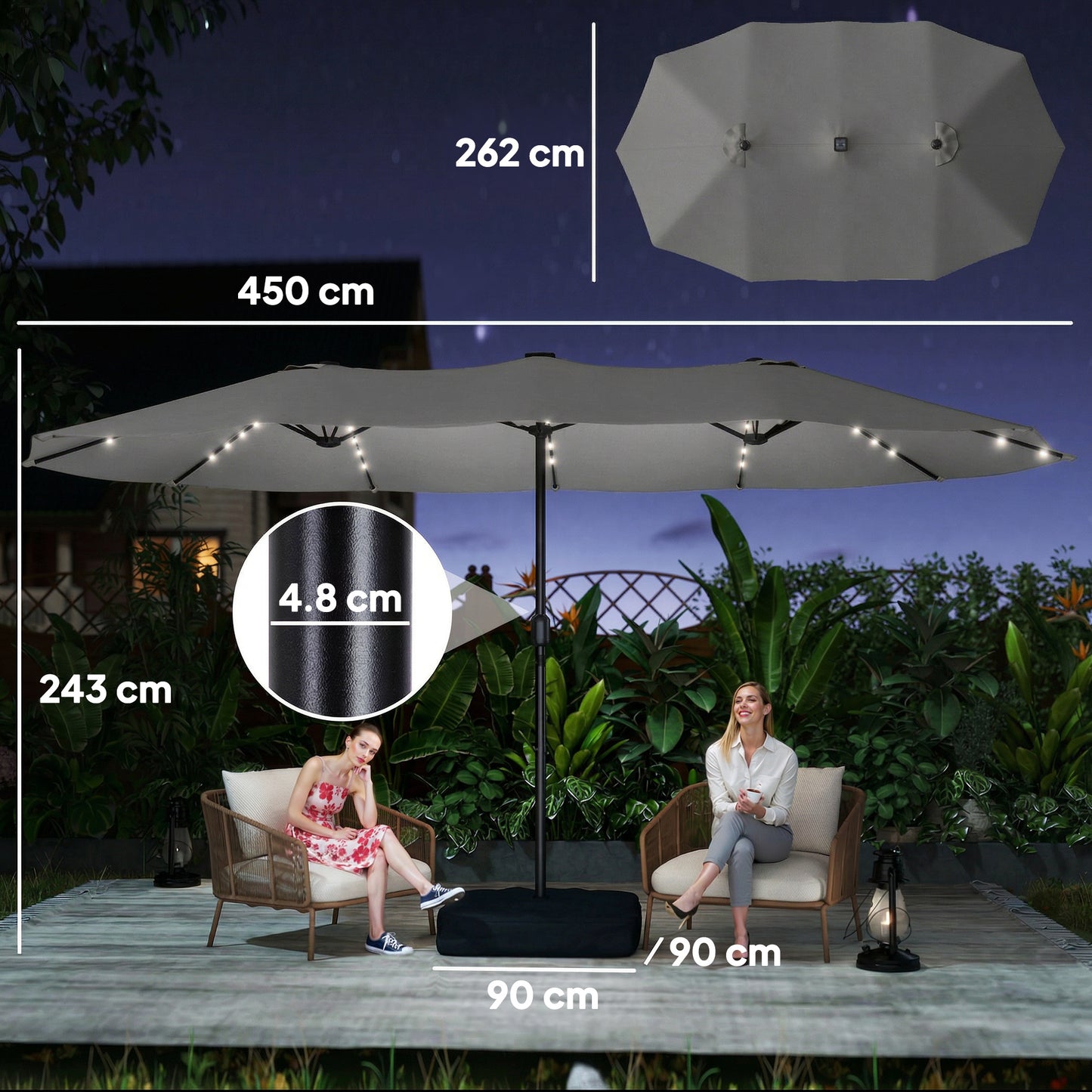 Patio Umbrella Double-Sided Outdoor Umbrella with Solar Lights Base