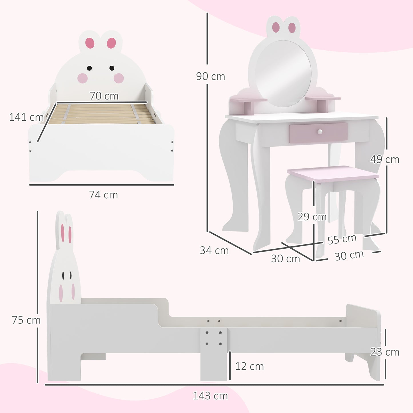 Wooden Kids Bedroom Furniture Set with Kids Dressing Table, Stool