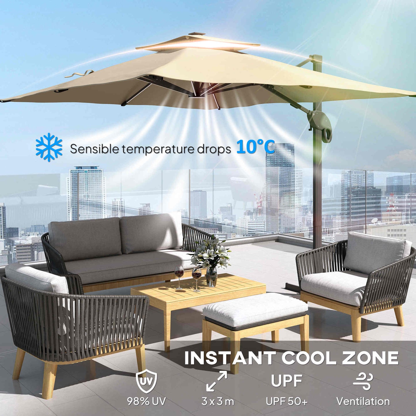 3 x 3(m) Aluminium Sun Square Canopy Top with Adjustable Pole Angle