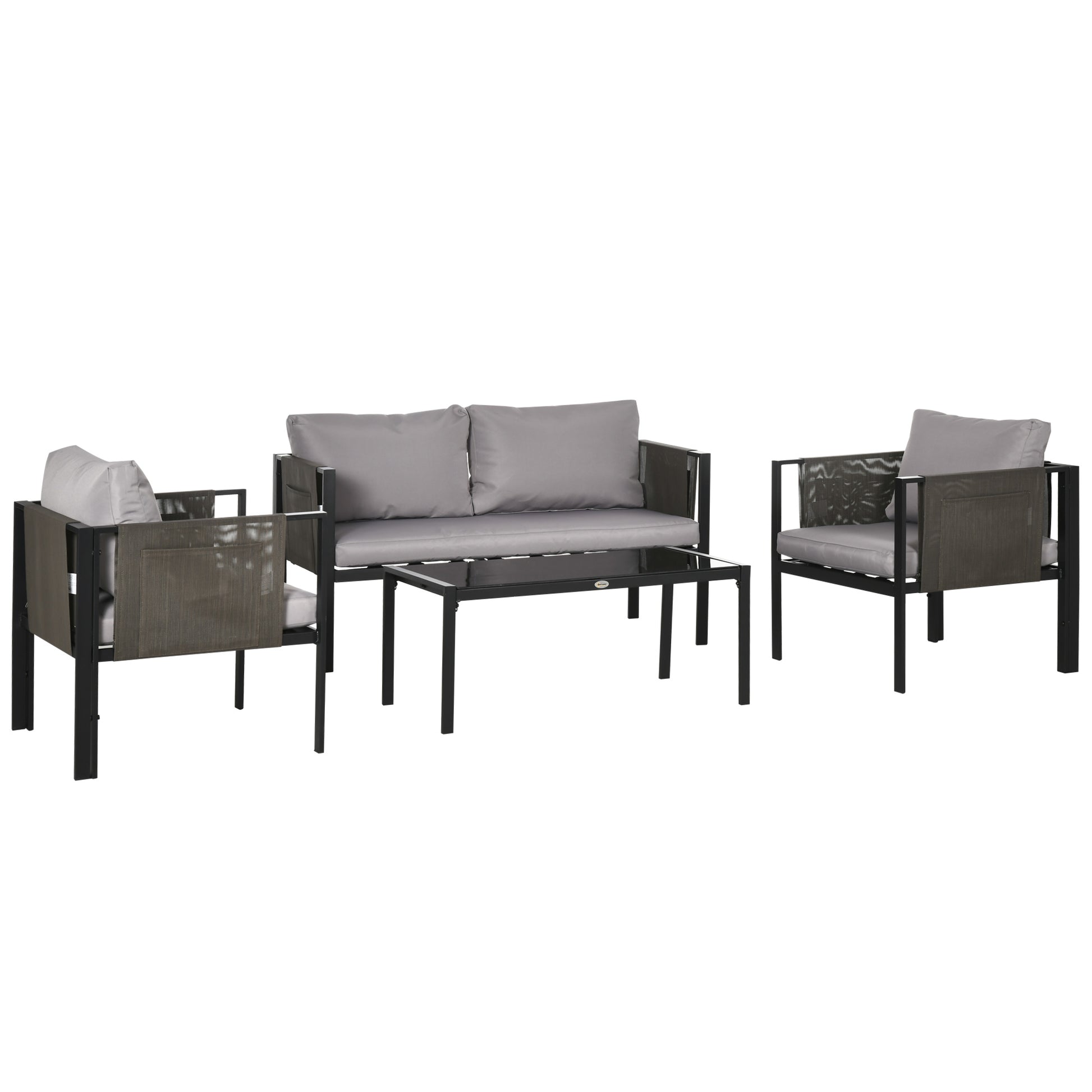 4 Piece Metal Garden Furniture Set with Tempered Glass Coffee Table