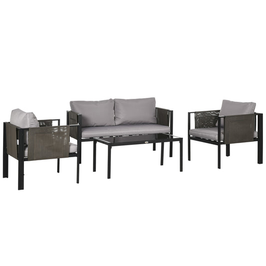 4 Piece Metal Garden Furniture Set with Tempered Glass Coffee Table