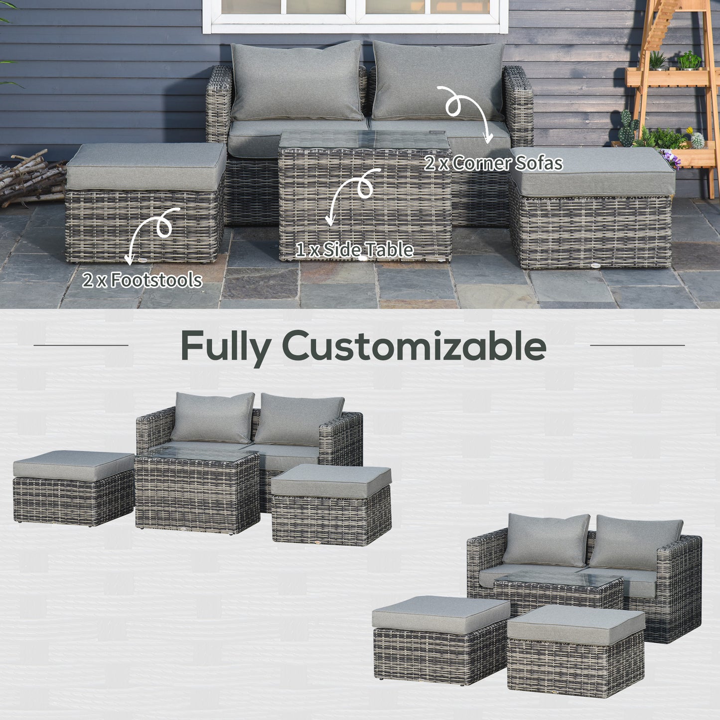 Five Piece Rattan Armchair, Stool and Table Set