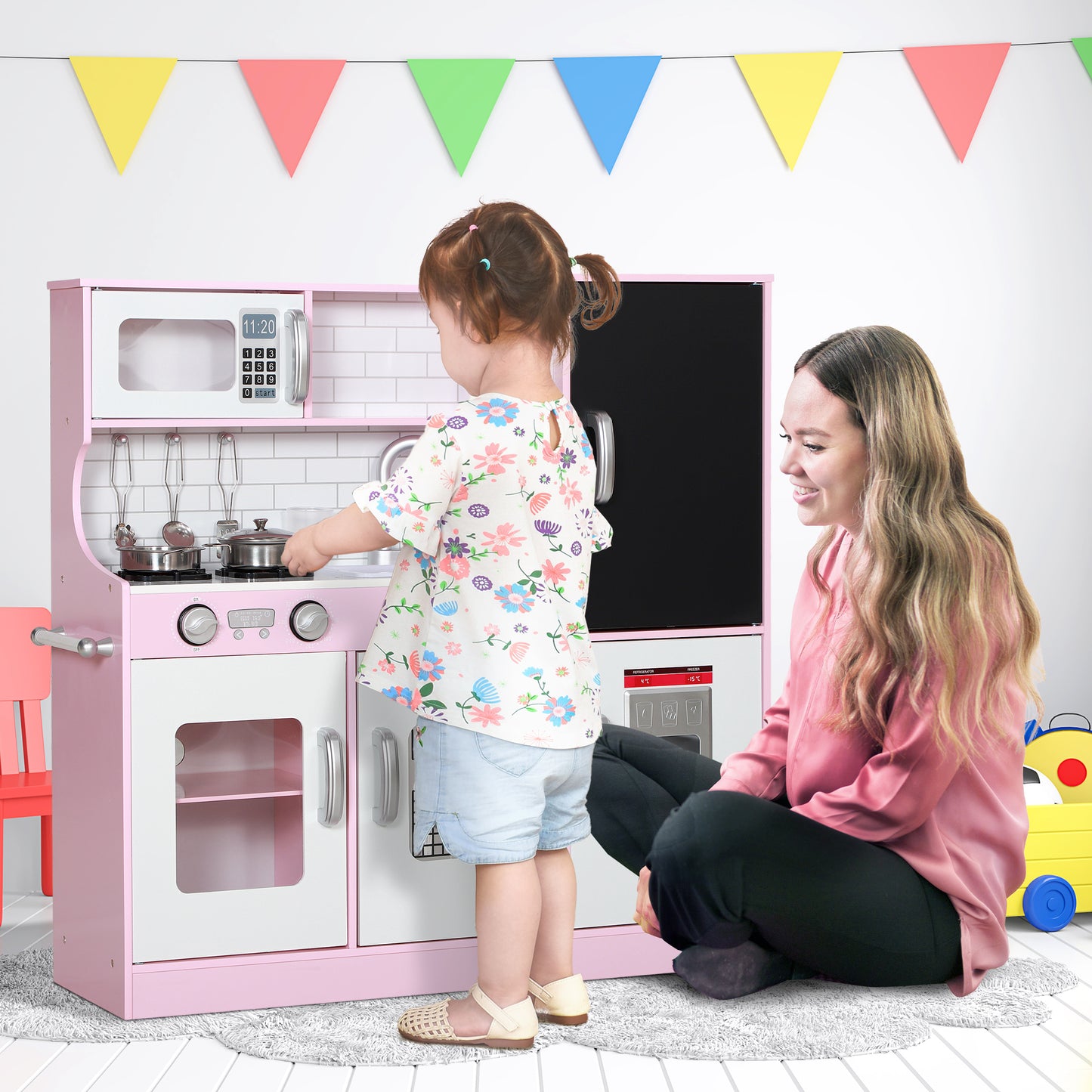 Pretend Play Kitchen, Kids Kitchen Playset w/ Toy Phone, Chalkboard