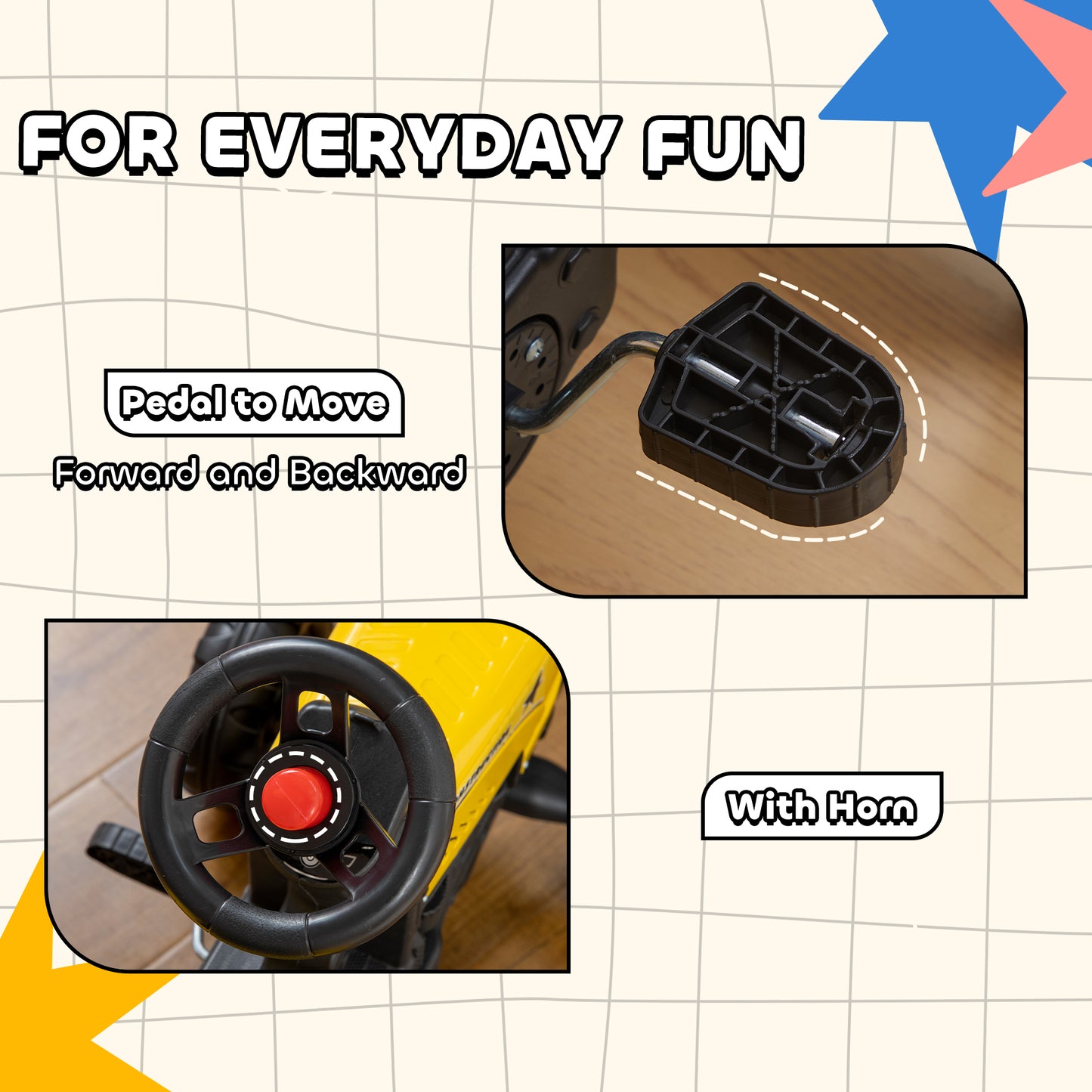 Kids Ride on Tractor with Back Trailer, Shovel & Rake, Horn