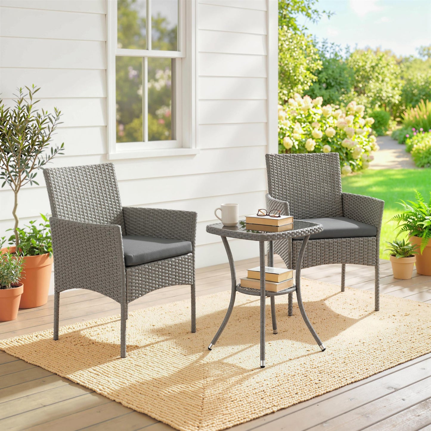3 Piece Rattan Bistro Set, PE Wicker Garden Furniture Conversation