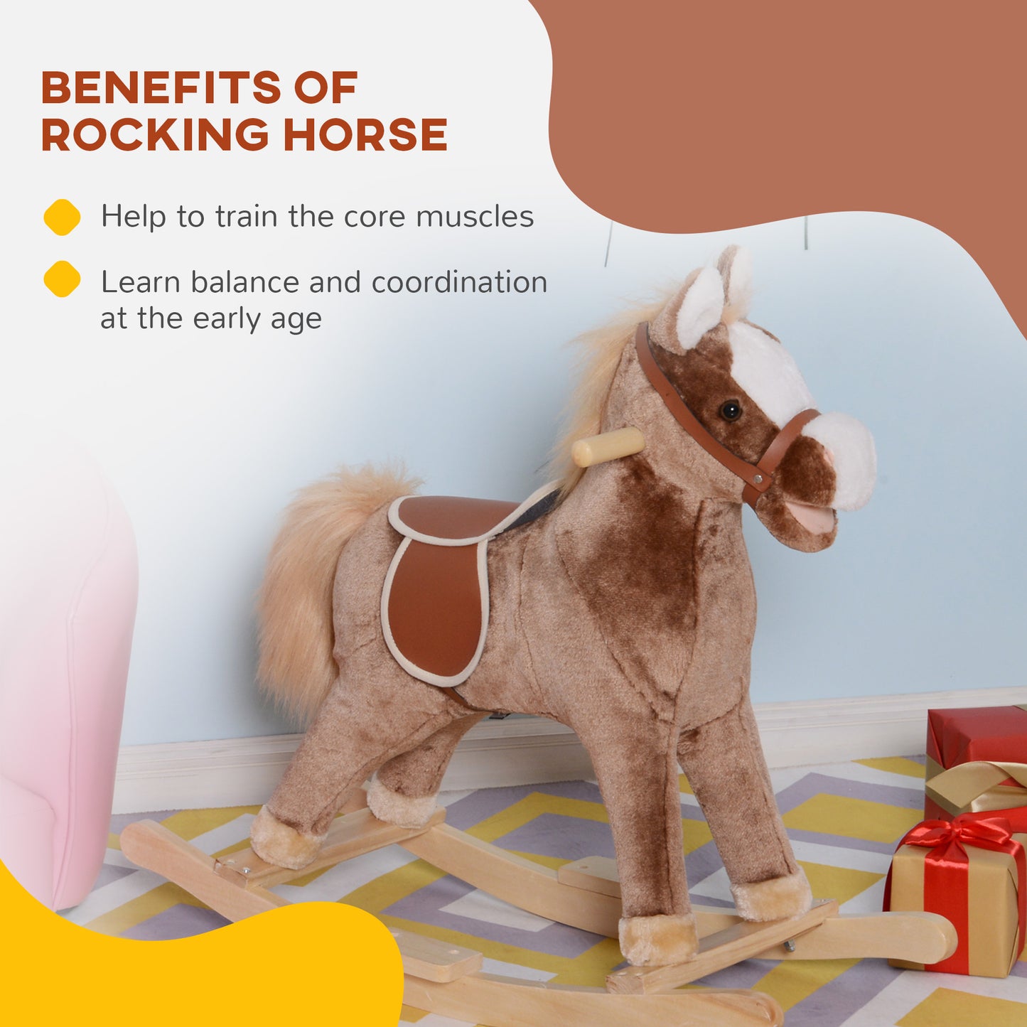 Kids Children Plush Rocking Horse Wooden Base Ride On Toy Rocker (1)