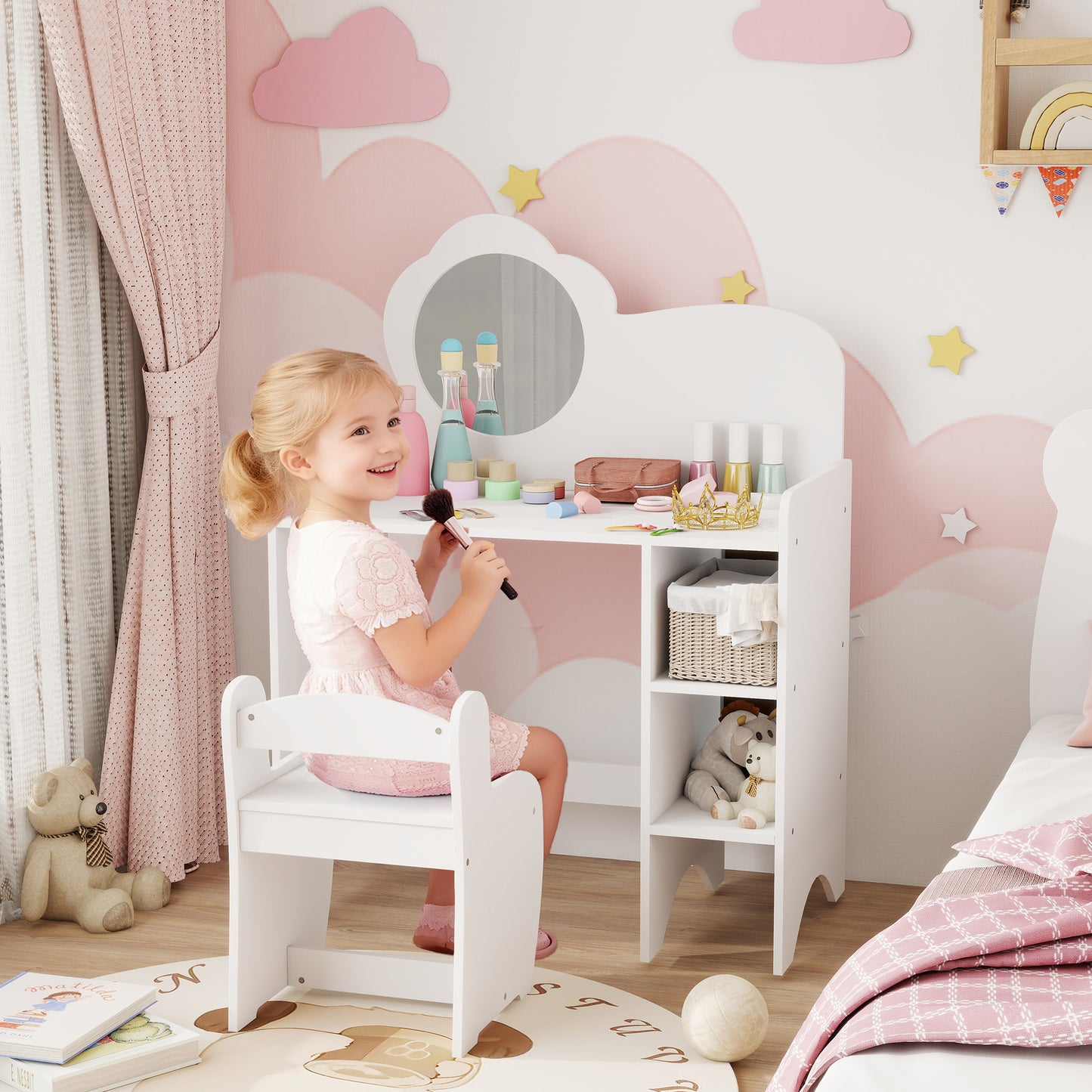 Kids Dressing Table with Mirror, Stool