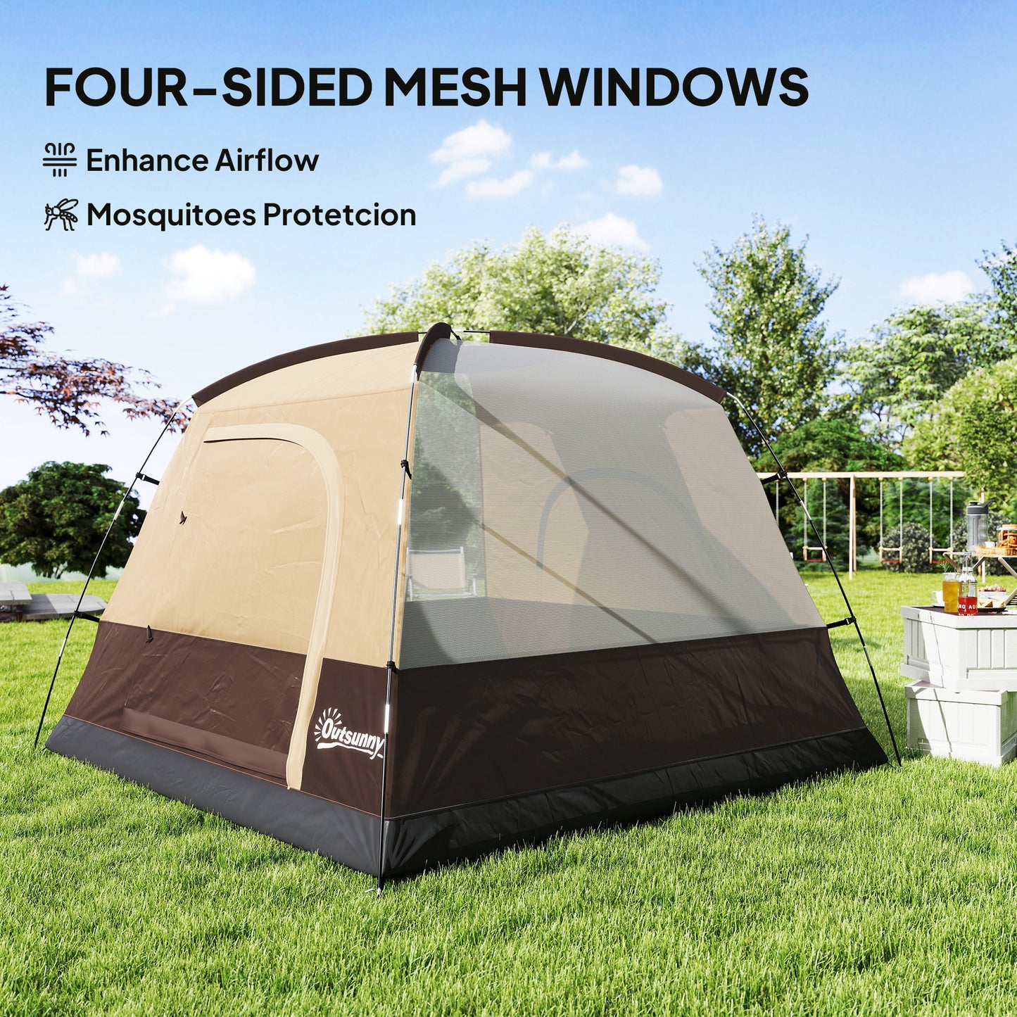 3-4 Person Camping Tent, Easy Set Up 3-4 Man Tent w/ Sewn-in