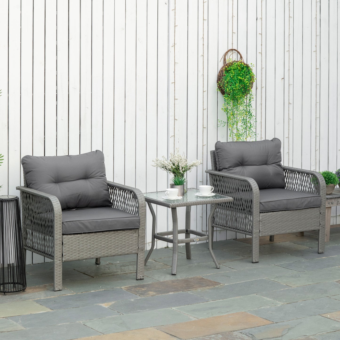 3 Pieces Rattan Bistro Set with Glass Top Coffee Table