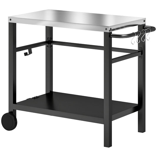 Outdoor Grill Dining Cart 2-Shelf Movable Pizza Oven Table Stand